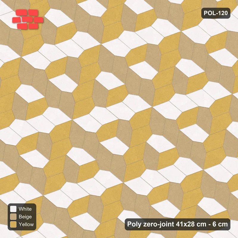 Interlock (Pasco) 41x28 cm · POL-120 · Random Lay Tumbling Three-Tone, Golden Sand, each orientation its own tone (tumbling blocks) · Top view Interlock (Pasco) 41x28 cm · POL-120 · Random Lay Tumbling Three-Tone, Golden Sand, each orientation its own tone (tumbling blocks) · Top view