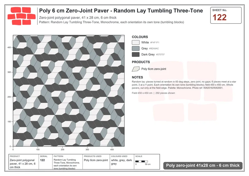 Interlock (Pasco) 41x28 cm · POL-122 · Random Lay Tumbling Three-Tone, Monochrome, each orientation its own tone (tumbling blocks) · Laying plan Interlock (Pasco) 41x28 cm · POL-122 · Random Lay Tumbling Three-Tone, Monochrome, each orientation its own tone (tumbling blocks) · Laying plan