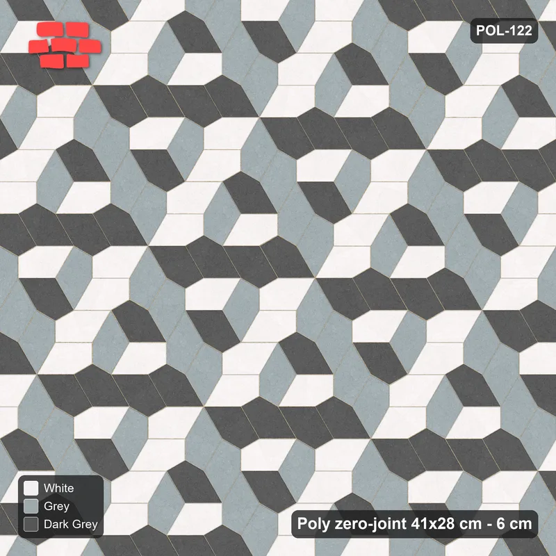 Interlock (Pasco) 41x28 cm · POL-122 · Random Lay Tumbling Three-Tone, Monochrome, each orientation its own tone (tumbling blocks) · Top view Interlock (Pasco) 41x28 cm · POL-122 · Random Lay Tumbling Three-Tone, Monochrome, each orientation its own tone (tumbling blocks) · Top view