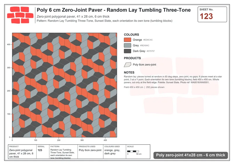 Interlock (Pasco) 41x28 cm · POL-123 · Random Lay Tumbling Three-Tone, Sunset Slate, each orientation its own tone (tumbling blocks) · Laying plan Interlock (Pasco) 41x28 cm · POL-123 · Random Lay Tumbling Three-Tone, Sunset Slate, each orientation its own tone (tumbling blocks) · Laying plan