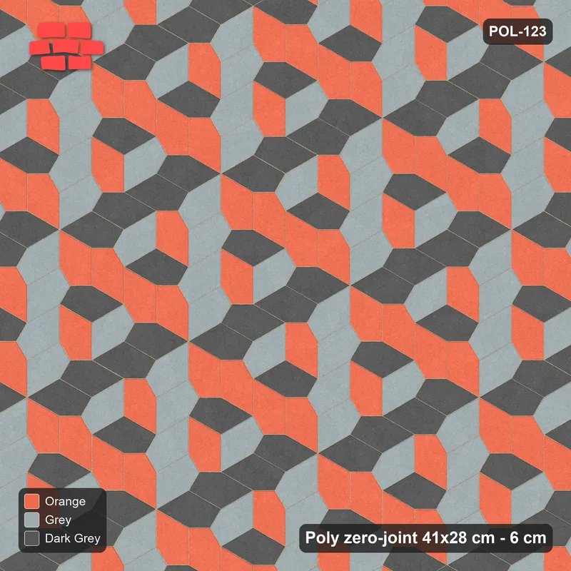 Interlock (Pasco) 41x28 cm · POL-123 · Random Lay Tumbling Three-Tone, Sunset Slate, each orientation its own tone (tumbling blocks) · Top view Interlock (Pasco) 41x28 cm · POL-123 · Random Lay Tumbling Three-Tone, Sunset Slate, each orientation its own tone (tumbling blocks) · Top view