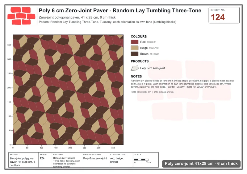 Interlock (Pasco) 41x28 cm · POL-124 · Random Lay Tumbling Three-Tone, Tuscany, each orientation its own tone (tumbling blocks) · Laying plan Interlock (Pasco) 41x28 cm · POL-124 · Random Lay Tumbling Three-Tone, Tuscany, each orientation its own tone (tumbling blocks) · Laying plan