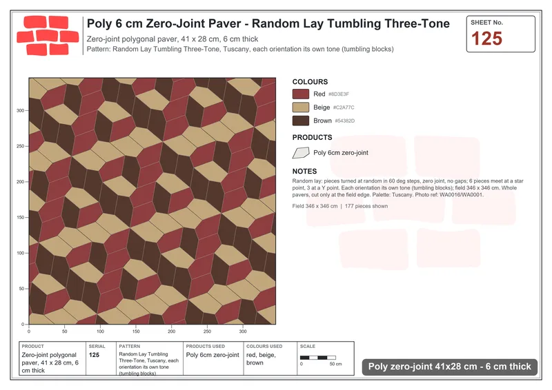 Interlock (Pasco) 41x28 cm · POL-125 · Random Lay Tumbling Three-Tone, Tuscany, each orientation its own tone (tumbling blocks) · Laying plan Interlock (Pasco) 41x28 cm · POL-125 · Random Lay Tumbling Three-Tone, Tuscany, each orientation its own tone (tumbling blocks) · Laying plan