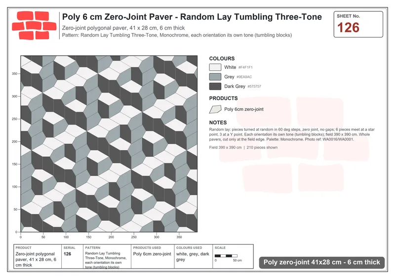 Interlock (Pasco) 41x28 cm · POL-126 · Random Lay Tumbling Three-Tone, Monochrome, each orientation its own tone (tumbling blocks) · Laying plan Interlock (Pasco) 41x28 cm · POL-126 · Random Lay Tumbling Three-Tone, Monochrome, each orientation its own tone (tumbling blocks) · Laying plan