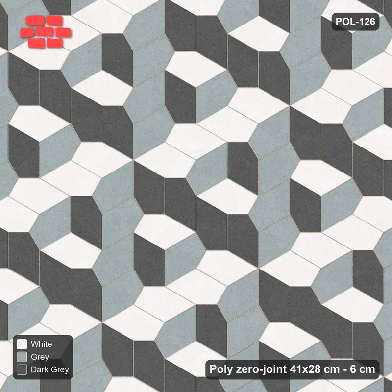 Interlock (Pasco) 41x28 cm · POL-126 · Random Lay Tumbling Three-Tone, Monochrome, each orientation its own tone (tumbling blocks) · Top view Interlock (Pasco) 41x28 cm · POL-126 · Random Lay Tumbling Three-Tone, Monochrome, each orientation its own tone (tumbling blocks) · Top view