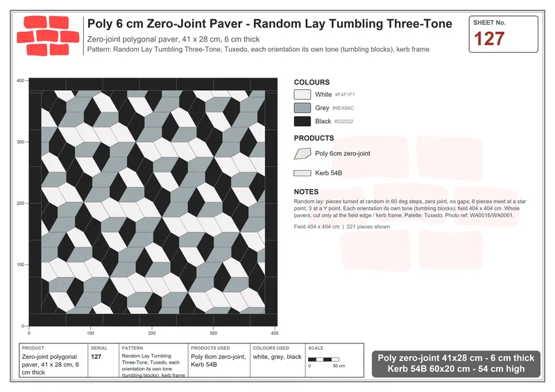 Interlock (Pasco) 41x28 cm · POL-127 · Random Lay Tumbling Three-Tone, Tuxedo, each orientation its own tone (tumbling blocks), kerb frame · Laying plan Interlock (Pasco) 41x28 cm · POL-127 · Random Lay Tumbling Three-Tone, Tuxedo, each orientation its own tone (tumbling blocks), kerb frame · Laying plan