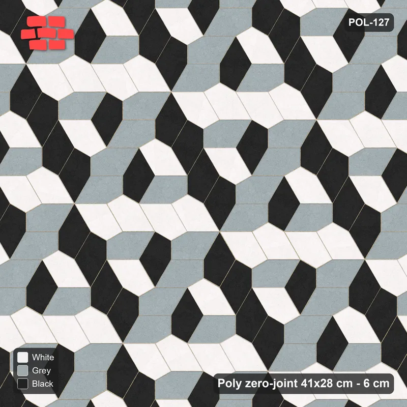 Interlock (Pasco) 41x28 cm · POL-127 · Random Lay Tumbling Three-Tone, Tuxedo, each orientation its own tone (tumbling blocks), kerb frame · Top view Interlock (Pasco) 41x28 cm · POL-127 · Random Lay Tumbling Three-Tone, Tuxedo, each orientation its own tone (tumbling blocks), kerb frame · Top view