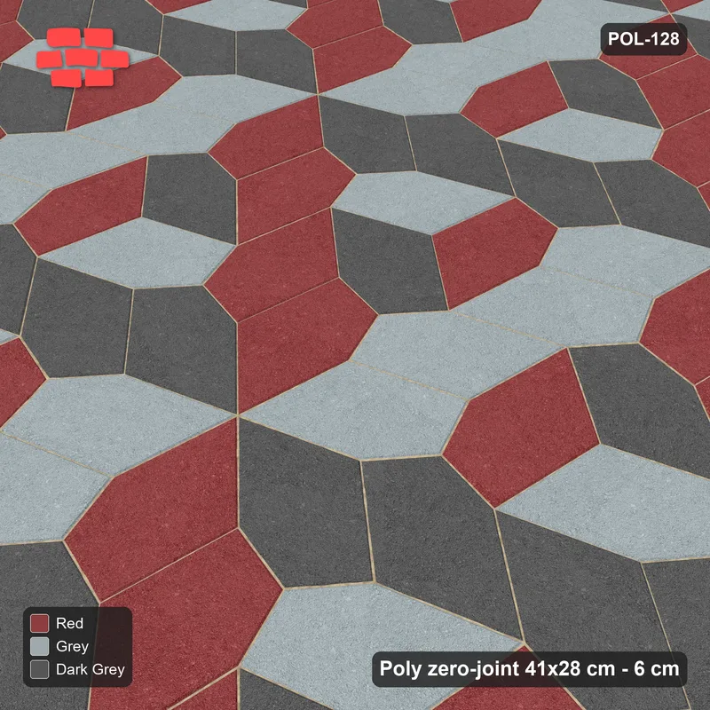 Interlock (Pasco) 41x28 cm · POL-128 · Random Lay Tumbling Three-Tone, Urban Brick, each orientation its own tone (tumbling blocks) · Side view Interlock (Pasco) 41x28 cm · POL-128 · Random Lay Tumbling Three-Tone, Urban Brick, each orientation its own tone (tumbling blocks) · Side view