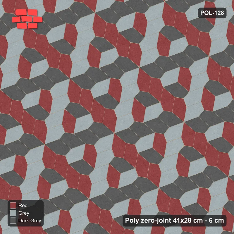 Interlock (Pasco) 41x28 cm · POL-128 · Random Lay Tumbling Three-Tone, Urban Brick, each orientation its own tone (tumbling blocks) · Top view Interlock (Pasco) 41x28 cm · POL-128 · Random Lay Tumbling Three-Tone, Urban Brick, each orientation its own tone (tumbling blocks) · Top view