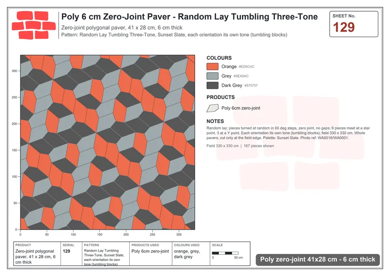 Interlock (Pasco) 41x28 cm · POL-129 · Random Lay Tumbling Three-Tone, Sunset Slate, each orientation its own tone (tumbling blocks) · Laying plan Interlock (Pasco) 41x28 cm · POL-129 · Random Lay Tumbling Three-Tone, Sunset Slate, each orientation its own tone (tumbling blocks) · Laying plan