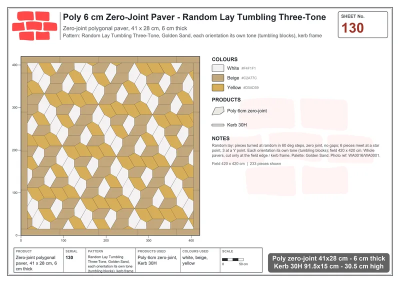 Interlock (Pasco) 41x28 cm · POL-130 · Random Lay Tumbling Three-Tone, Golden Sand, each orientation its own tone (tumbling blocks), kerb frame · Laying plan Interlock (Pasco) 41x28 cm · POL-130 · Random Lay Tumbling Three-Tone, Golden Sand, each orientation its own tone (tumbling blocks), kerb frame · Laying plan