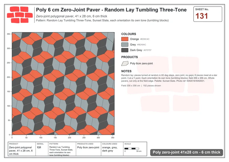 Interlock (Pasco) 41x28 cm · POL-131 · Random Lay Tumbling Three-Tone, Sunset Slate, each orientation its own tone (tumbling blocks) · Laying plan Interlock (Pasco) 41x28 cm · POL-131 · Random Lay Tumbling Three-Tone, Sunset Slate, each orientation its own tone (tumbling blocks) · Laying plan