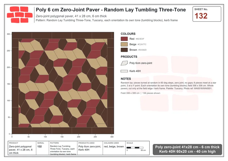 Interlock (Pasco) 41x28 cm · POL-132 · Random Lay Tumbling Three-Tone, Tuscany, each orientation its own tone (tumbling blocks), kerb frame · Laying plan Interlock (Pasco) 41x28 cm · POL-132 · Random Lay Tumbling Three-Tone, Tuscany, each orientation its own tone (tumbling blocks), kerb frame · Laying plan