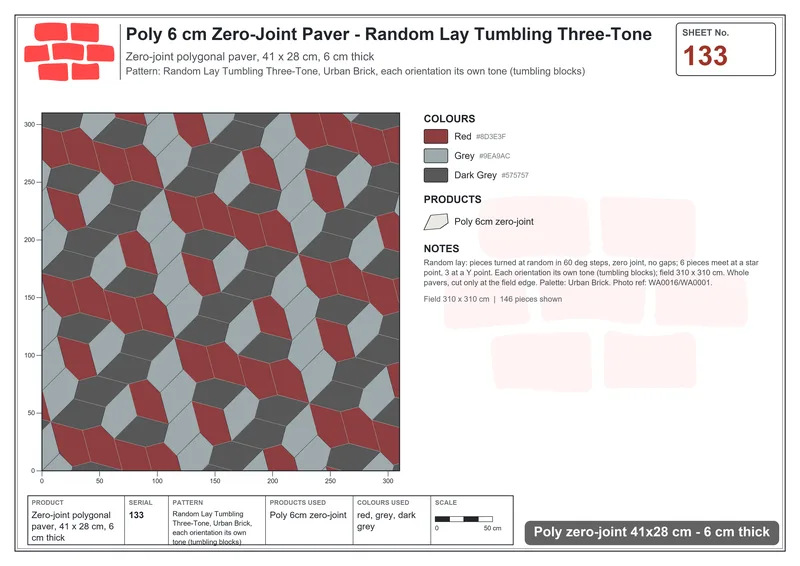 Interlock (Pasco) 41x28 cm · POL-133 · Random Lay Tumbling Three-Tone, Urban Brick, each orientation its own tone (tumbling blocks) · Laying plan Interlock (Pasco) 41x28 cm · POL-133 · Random Lay Tumbling Three-Tone, Urban Brick, each orientation its own tone (tumbling blocks) · Laying plan