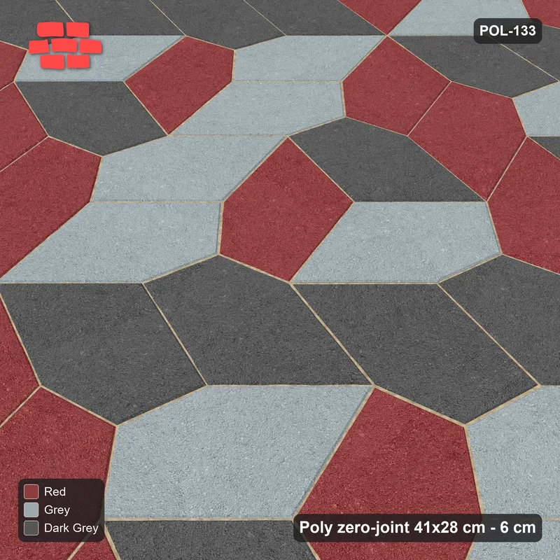 Interlock (Pasco) 41x28 cm · POL-133 · Random Lay Tumbling Three-Tone, Urban Brick, each orientation its own tone (tumbling blocks) · Side view Interlock (Pasco) 41x28 cm · POL-133 · Random Lay Tumbling Three-Tone, Urban Brick, each orientation its own tone (tumbling blocks) · Side view