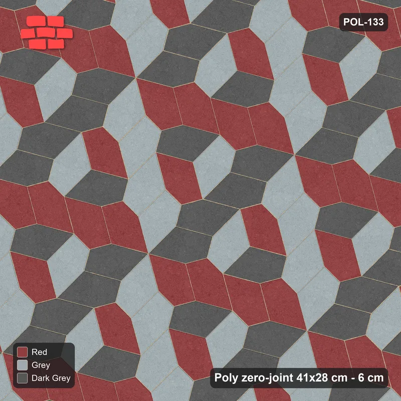 Interlock (Pasco) 41x28 cm · POL-133 · Random Lay Tumbling Three-Tone, Urban Brick, each orientation its own tone (tumbling blocks) · Top view Interlock (Pasco) 41x28 cm · POL-133 · Random Lay Tumbling Three-Tone, Urban Brick, each orientation its own tone (tumbling blocks) · Top view