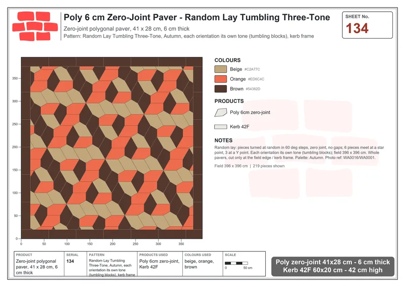 Interlock (Pasco) 41x28 cm · POL-134 · Random Lay Tumbling Three-Tone, Autumn, each orientation its own tone (tumbling blocks), kerb frame · Laying plan Interlock (Pasco) 41x28 cm · POL-134 · Random Lay Tumbling Three-Tone, Autumn, each orientation its own tone (tumbling blocks), kerb frame · Laying plan