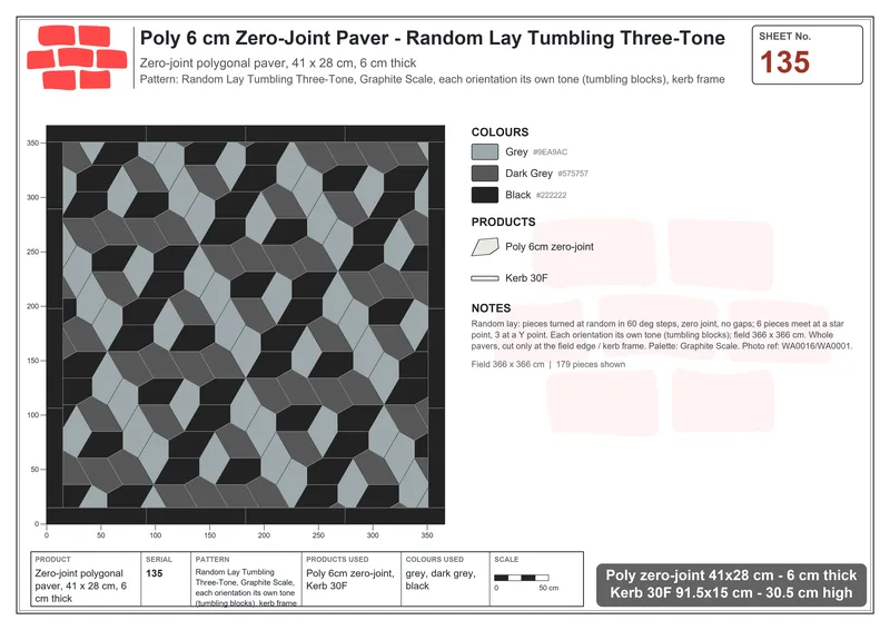 Interlock (Pasco) 41x28 cm · POL-135 · Random Lay Tumbling Three-Tone, Graphite Scale, each orientation its own tone (tumbling blocks), kerb frame · Laying plan Interlock (Pasco) 41x28 cm · POL-135 · Random Lay Tumbling Three-Tone, Graphite Scale, each orientation its own tone (tumbling blocks), kerb frame · Laying plan
