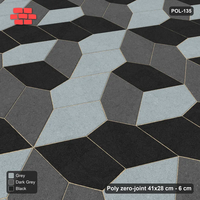 Interlock (Pasco) 41x28 cm · POL-135 · Random Lay Tumbling Three-Tone, Graphite Scale, each orientation its own tone (tumbling blocks), kerb frame · Side view Interlock (Pasco) 41x28 cm · POL-135 · Random Lay Tumbling Three-Tone, Graphite Scale, each orientation its own tone (tumbling blocks), kerb frame · Side view