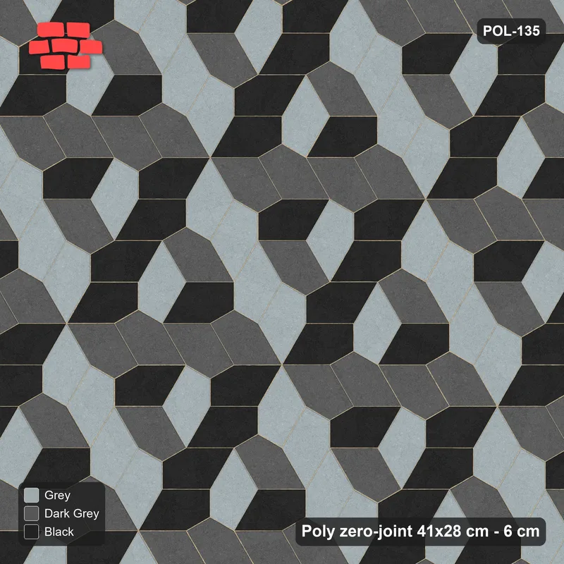 Interlock (Pasco) 41x28 cm · POL-135 · Random Lay Tumbling Three-Tone, Graphite Scale, each orientation its own tone (tumbling blocks), kerb frame · Top view Interlock (Pasco) 41x28 cm · POL-135 · Random Lay Tumbling Three-Tone, Graphite Scale, each orientation its own tone (tumbling blocks), kerb frame · Top view