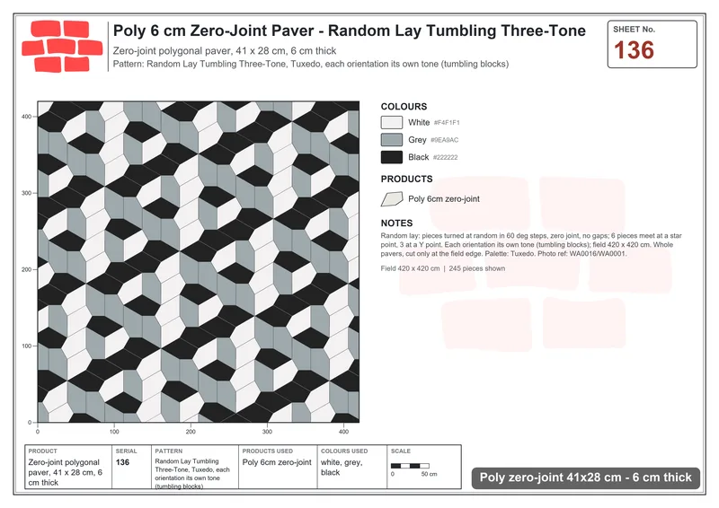 Interlock (Pasco) 41x28 cm · POL-136 · Random Lay Tumbling Three-Tone, Tuxedo, each orientation its own tone (tumbling blocks) · Laying plan Interlock (Pasco) 41x28 cm · POL-136 · Random Lay Tumbling Three-Tone, Tuxedo, each orientation its own tone (tumbling blocks) · Laying plan