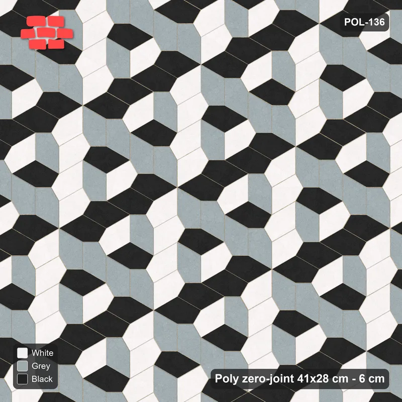 Interlock (Pasco) 41x28 cm · POL-136 · Random Lay Tumbling Three-Tone, Tuxedo, each orientation its own tone (tumbling blocks) · Top view Interlock (Pasco) 41x28 cm · POL-136 · Random Lay Tumbling Three-Tone, Tuxedo, each orientation its own tone (tumbling blocks) · Top view