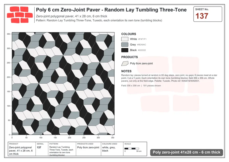 Interlock (Pasco) 41x28 cm · POL-137 · Random Lay Tumbling Three-Tone, Tuxedo, each orientation its own tone (tumbling blocks) · Laying plan Interlock (Pasco) 41x28 cm · POL-137 · Random Lay Tumbling Three-Tone, Tuxedo, each orientation its own tone (tumbling blocks) · Laying plan