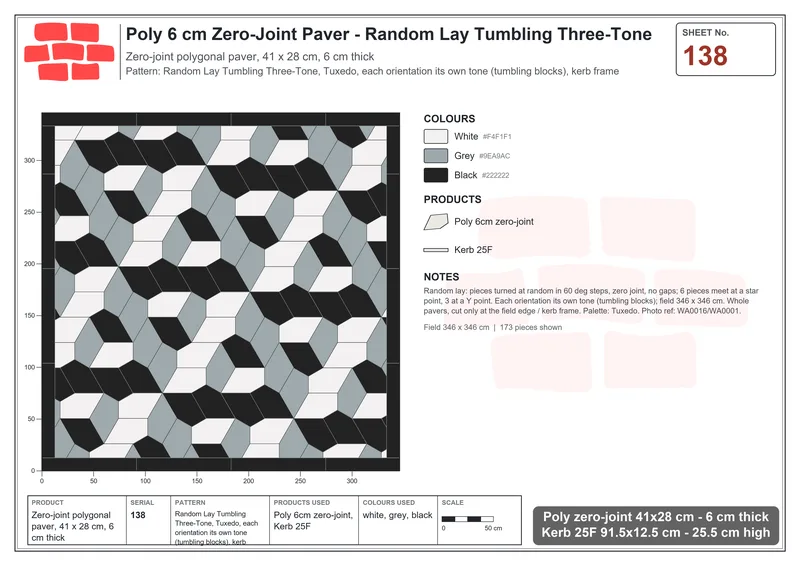 Interlock (Pasco) 41x28 cm · POL-138 · Random Lay Tumbling Three-Tone, Tuxedo, each orientation its own tone (tumbling blocks), kerb frame · Laying plan Interlock (Pasco) 41x28 cm · POL-138 · Random Lay Tumbling Three-Tone, Tuxedo, each orientation its own tone (tumbling blocks), kerb frame · Laying plan