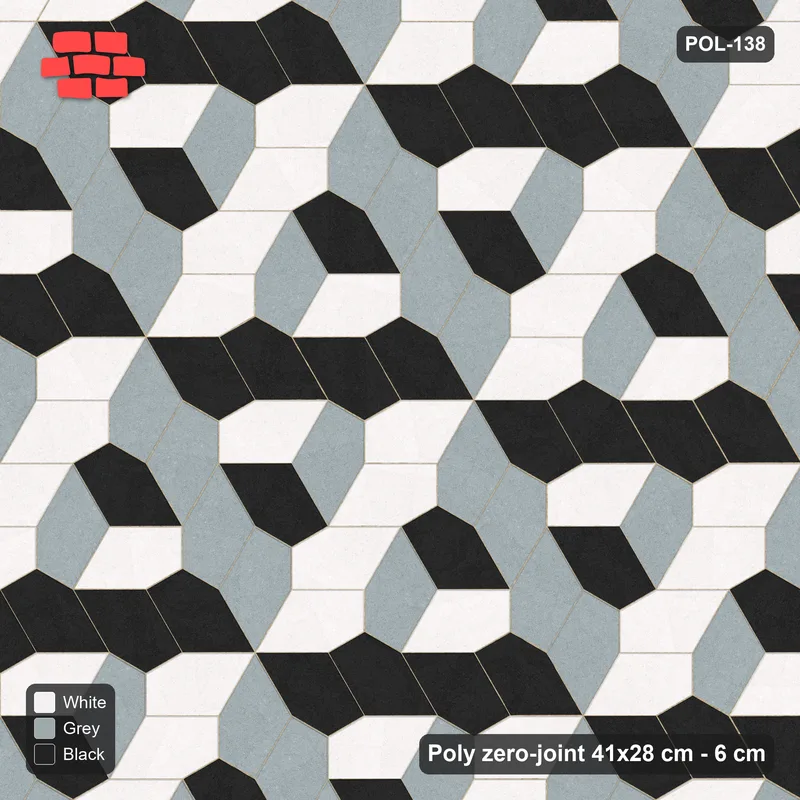Interlock (Pasco) 41x28 cm · POL-138 · Random Lay Tumbling Three-Tone, Tuxedo, each orientation its own tone (tumbling blocks), kerb frame · Top view Interlock (Pasco) 41x28 cm · POL-138 · Random Lay Tumbling Three-Tone, Tuxedo, each orientation its own tone (tumbling blocks), kerb frame · Top view