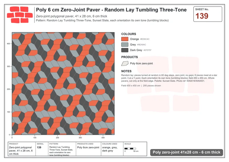Interlock (Pasco) 41x28 cm · POL-139 · Random Lay Tumbling Three-Tone, Sunset Slate, each orientation its own tone (tumbling blocks) · Laying plan Interlock (Pasco) 41x28 cm · POL-139 · Random Lay Tumbling Three-Tone, Sunset Slate, each orientation its own tone (tumbling blocks) · Laying plan