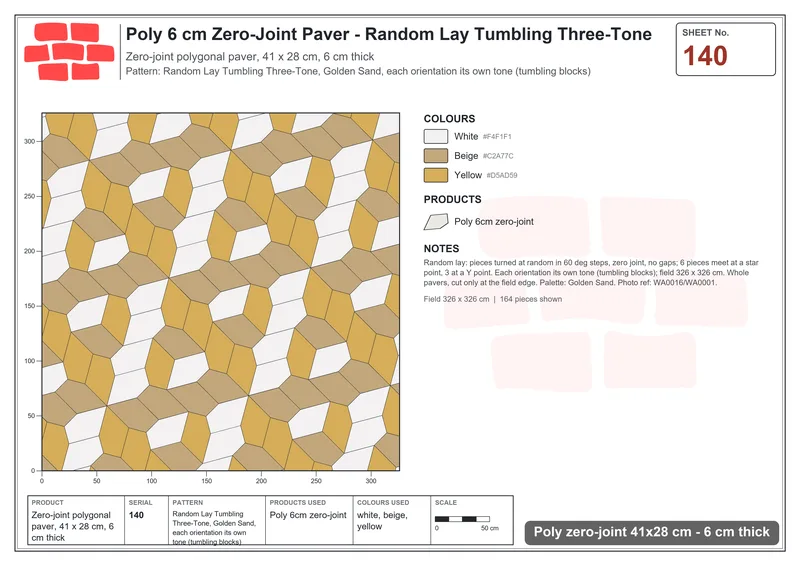 Interlock (Pasco) 41x28 cm · POL-140 · Random Lay Tumbling Three-Tone, Golden Sand, each orientation its own tone (tumbling blocks) · Laying plan Interlock (Pasco) 41x28 cm · POL-140 · Random Lay Tumbling Three-Tone, Golden Sand, each orientation its own tone (tumbling blocks) · Laying plan