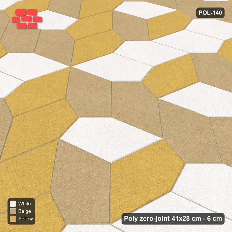 Interlock (Pasco) 41x28 cm · POL-140 · Random Lay Tumbling Three-Tone, Golden Sand, each orientation its own tone (tumbling blocks) · Side view Interlock (Pasco) 41x28 cm · POL-140 · Random Lay Tumbling Three-Tone, Golden Sand, each orientation its own tone (tumbling blocks) · Side view