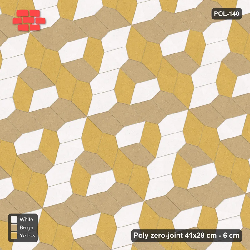 Interlock (Pasco) 41x28 cm · POL-140 · Random Lay Tumbling Three-Tone, Golden Sand, each orientation its own tone (tumbling blocks) · Top view Interlock (Pasco) 41x28 cm · POL-140 · Random Lay Tumbling Three-Tone, Golden Sand, each orientation its own tone (tumbling blocks) · Top view