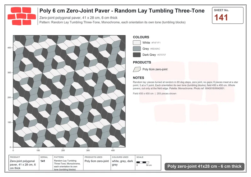 Interlock (Pasco) 41x28 cm · POL-141 · Random Lay Tumbling Three-Tone, Monochrome, each orientation its own tone (tumbling blocks) · Laying plan Interlock (Pasco) 41x28 cm · POL-141 · Random Lay Tumbling Three-Tone, Monochrome, each orientation its own tone (tumbling blocks) · Laying plan