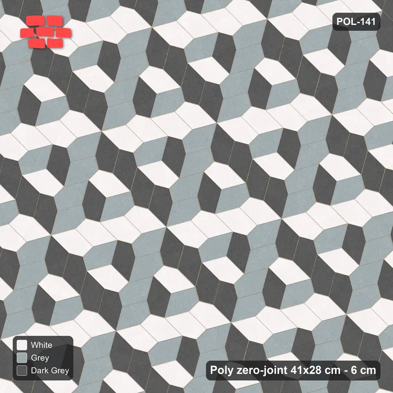 Interlock (Pasco) 41x28 cm · POL-141 · Random Lay Tumbling Three-Tone, Monochrome, each orientation its own tone (tumbling blocks) · Top view Interlock (Pasco) 41x28 cm · POL-141 · Random Lay Tumbling Three-Tone, Monochrome, each orientation its own tone (tumbling blocks) · Top view