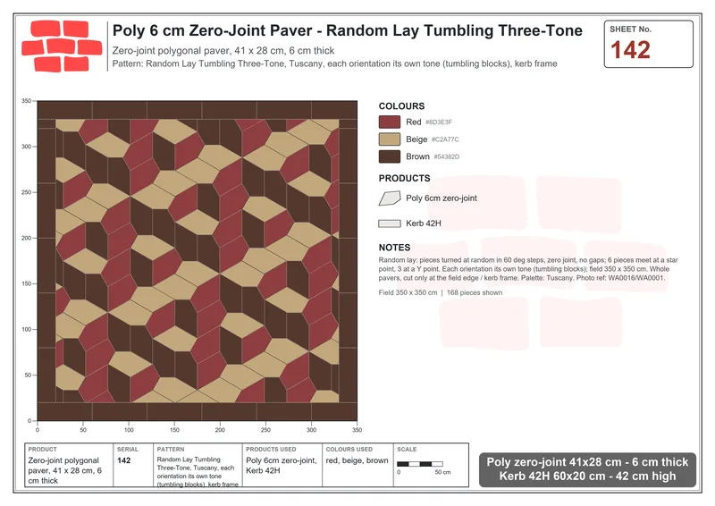 Interlock (Pasco) 41x28 cm · POL-142 · Random Lay Tumbling Three-Tone, Tuscany, each orientation its own tone (tumbling blocks), kerb frame · Laying plan Interlock (Pasco) 41x28 cm · POL-142 · Random Lay Tumbling Three-Tone, Tuscany, each orientation its own tone (tumbling blocks), kerb frame · Laying plan