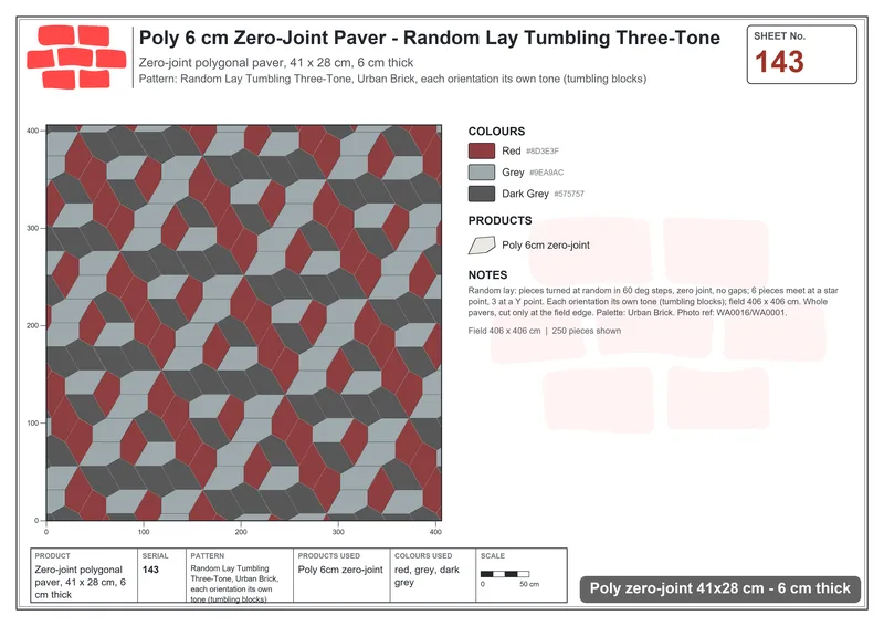 Interlock (Pasco) 41x28 cm · POL-143 · Random Lay Tumbling Three-Tone, Urban Brick, each orientation its own tone (tumbling blocks) · Laying plan Interlock (Pasco) 41x28 cm · POL-143 · Random Lay Tumbling Three-Tone, Urban Brick, each orientation its own tone (tumbling blocks) · Laying plan
