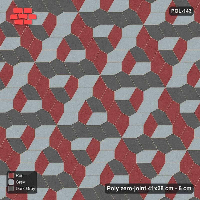 Interlock (Pasco) 41x28 cm · POL-143 · Random Lay Tumbling Three-Tone, Urban Brick, each orientation its own tone (tumbling blocks) · Top view Interlock (Pasco) 41x28 cm · POL-143 · Random Lay Tumbling Three-Tone, Urban Brick, each orientation its own tone (tumbling blocks) · Top view