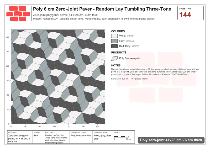 Interlock (Pasco) 41x28 cm · POL-144 · Random Lay Tumbling Three-Tone, Monochrome, each orientation its own tone (tumbling blocks) · Laying plan Interlock (Pasco) 41x28 cm · POL-144 · Random Lay Tumbling Three-Tone, Monochrome, each orientation its own tone (tumbling blocks) · Laying plan