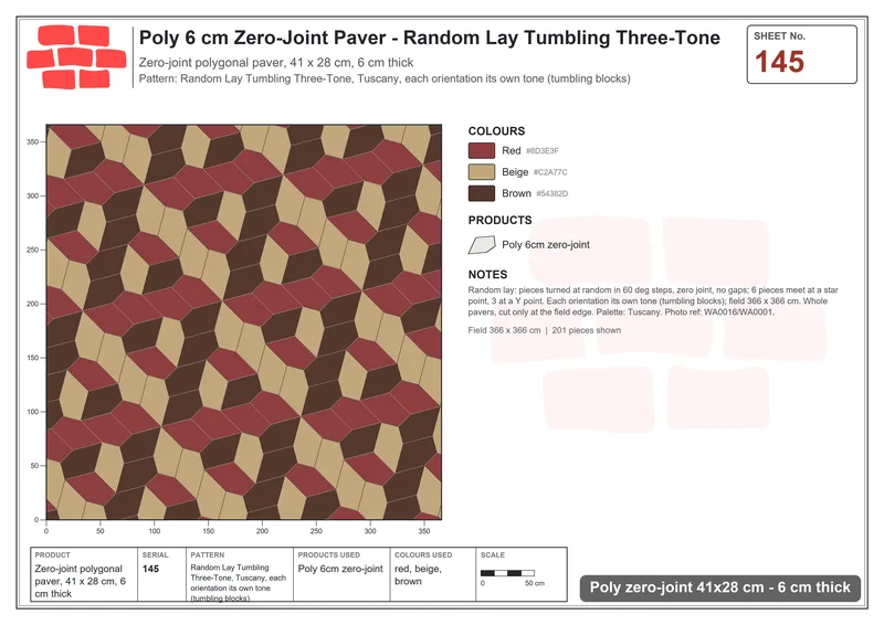 Interlock (Pasco) 41x28 cm · POL-145 · Random Lay Tumbling Three-Tone, Tuscany, each orientation its own tone (tumbling blocks) · Laying plan Interlock (Pasco) 41x28 cm · POL-145 · Random Lay Tumbling Three-Tone, Tuscany, each orientation its own tone (tumbling blocks) · Laying plan