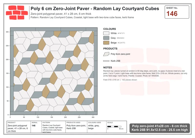 Interlock (Pasco) 41x28 cm · POL-146 · Random Lay Courtyard Cubes, Coastal, light base with two-tone cube faces, kerb frame · Laying plan Interlock (Pasco) 41x28 cm · POL-146 · Random Lay Courtyard Cubes, Coastal, light base with two-tone cube faces, kerb frame · Laying plan