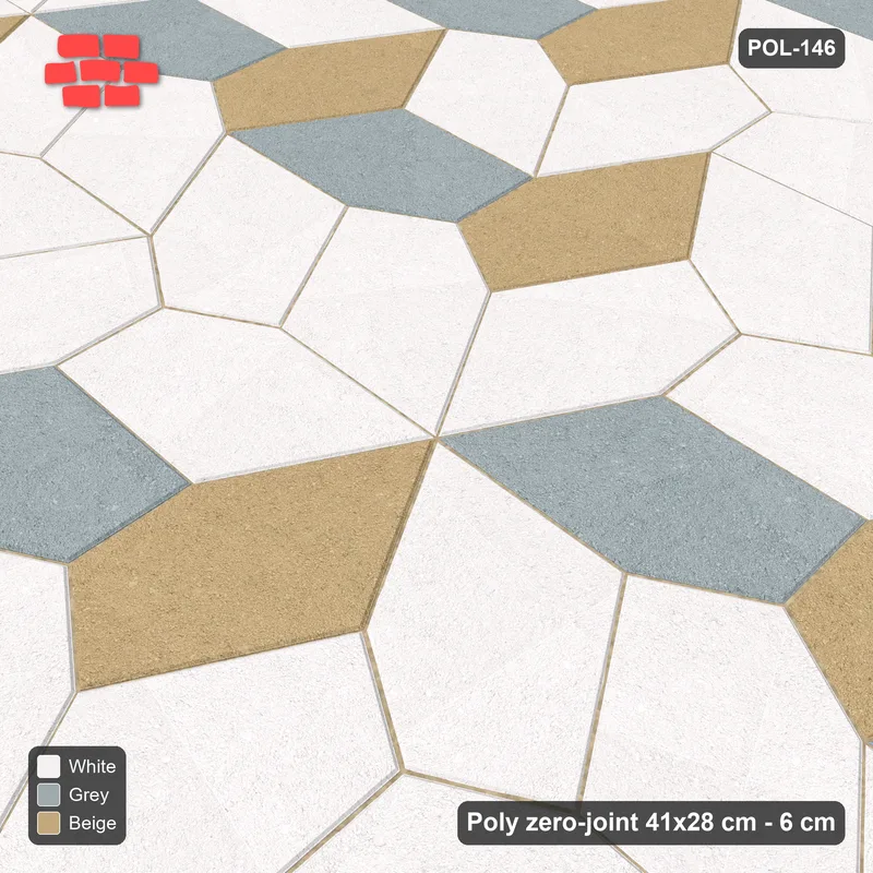 Interlock (Pasco) 41x28 cm · POL-146 · Random Lay Courtyard Cubes, Coastal, light base with two-tone cube faces, kerb frame · Side view Interlock (Pasco) 41x28 cm · POL-146 · Random Lay Courtyard Cubes, Coastal, light base with two-tone cube faces, kerb frame · Side view