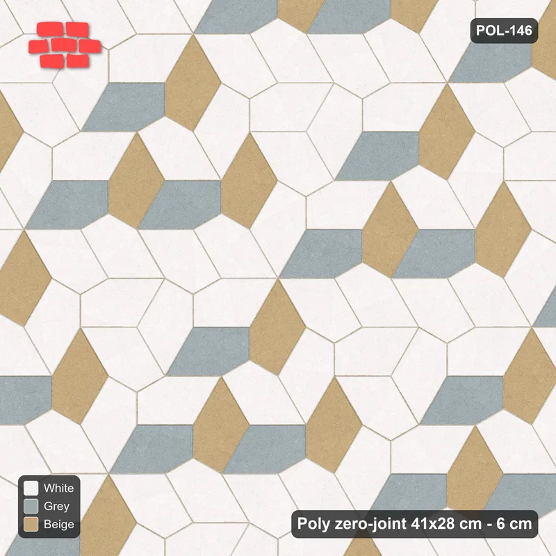 Interlock (Pasco) 41x28 cm · POL-146 · Random Lay Courtyard Cubes, Coastal, light base with two-tone cube faces, kerb frame · Top view Interlock (Pasco) 41x28 cm · POL-146 · Random Lay Courtyard Cubes, Coastal, light base with two-tone cube faces, kerb frame · Top view