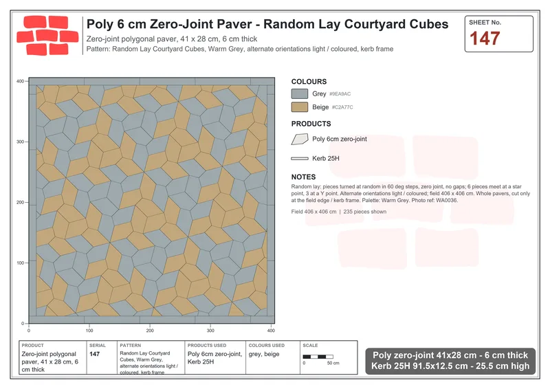 Interlock (Pasco) 41x28 cm · POL-147 · Random Lay Courtyard Cubes, Warm Grey, alternate orientations light / coloured, kerb frame · Laying plan Interlock (Pasco) 41x28 cm · POL-147 · Random Lay Courtyard Cubes, Warm Grey, alternate orientations light / coloured, kerb frame · Laying plan