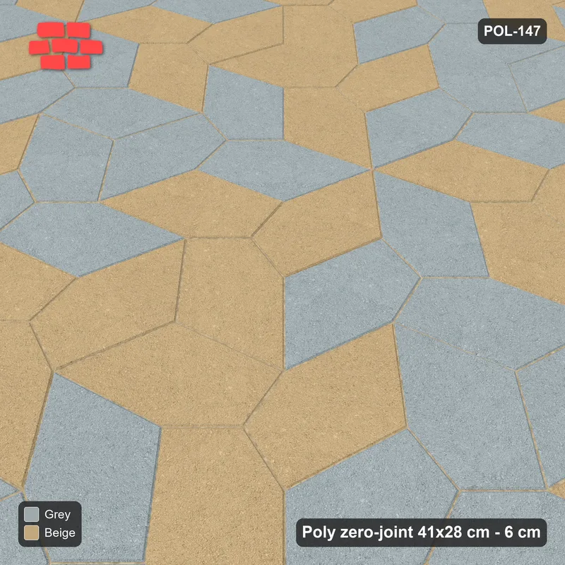 Interlock (Pasco) 41x28 cm · POL-147 · Random Lay Courtyard Cubes, Warm Grey, alternate orientations light / coloured, kerb frame · Side view Interlock (Pasco) 41x28 cm · POL-147 · Random Lay Courtyard Cubes, Warm Grey, alternate orientations light / coloured, kerb frame · Side view