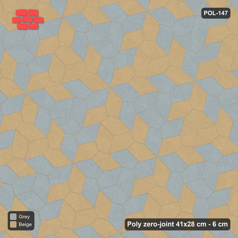 Interlock (Pasco) 41x28 cm · POL-147 · Random Lay Courtyard Cubes, Warm Grey, alternate orientations light / coloured, kerb frame · Top view Interlock (Pasco) 41x28 cm · POL-147 · Random Lay Courtyard Cubes, Warm Grey, alternate orientations light / coloured, kerb frame · Top view