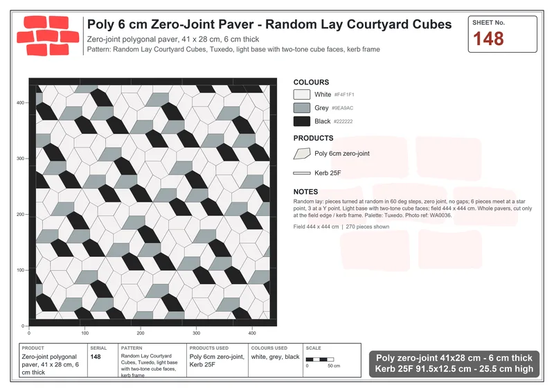 Interlock (Pasco) 41x28 cm · POL-148 · Random Lay Courtyard Cubes, Tuxedo, light base with two-tone cube faces, kerb frame · Laying plan Interlock (Pasco) 41x28 cm · POL-148 · Random Lay Courtyard Cubes, Tuxedo, light base with two-tone cube faces, kerb frame · Laying plan