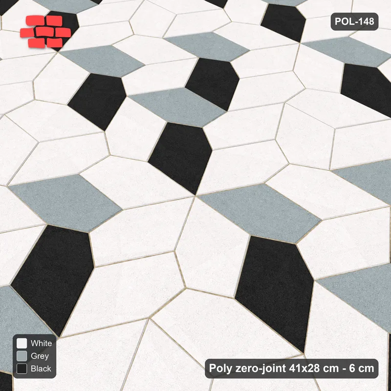 Interlock (Pasco) 41x28 cm · POL-148 · Random Lay Courtyard Cubes, Tuxedo, light base with two-tone cube faces, kerb frame · Side view Interlock (Pasco) 41x28 cm · POL-148 · Random Lay Courtyard Cubes, Tuxedo, light base with two-tone cube faces, kerb frame · Side view