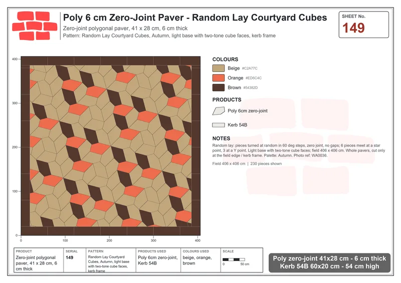 Interlock (Pasco) 41x28 cm · POL-149 · Random Lay Courtyard Cubes, Autumn, light base with two-tone cube faces, kerb frame · Laying plan Interlock (Pasco) 41x28 cm · POL-149 · Random Lay Courtyard Cubes, Autumn, light base with two-tone cube faces, kerb frame · Laying plan