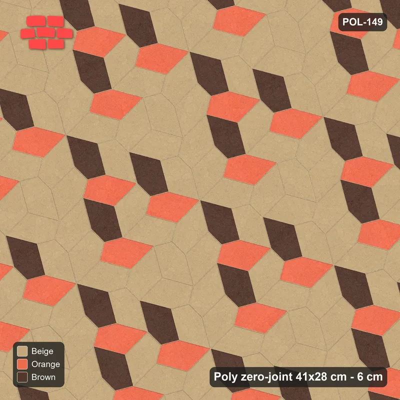 Interlock (Pasco) 41x28 cm · POL-149 · Random Lay Courtyard Cubes, Autumn, light base with two-tone cube faces, kerb frame · Top view Interlock (Pasco) 41x28 cm · POL-149 · Random Lay Courtyard Cubes, Autumn, light base with two-tone cube faces, kerb frame · Top view